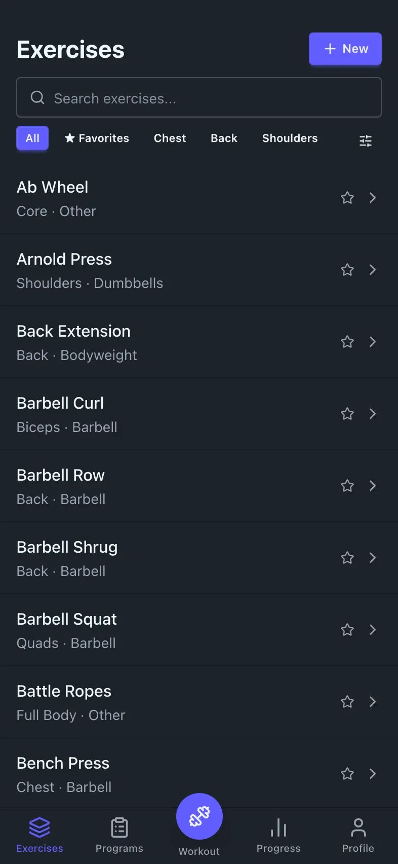 STRN — exercise library with search and filters